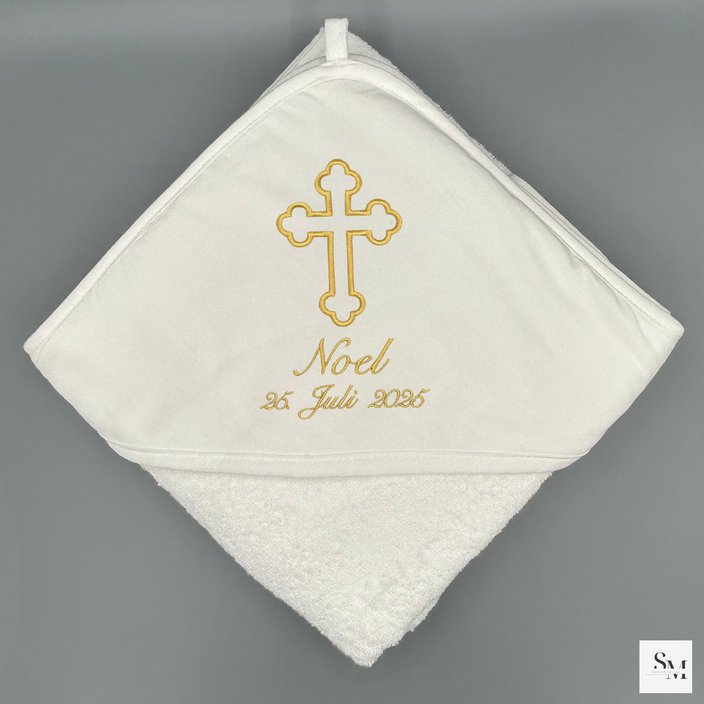 Taufhandtuch bestickt mit Kreuz | personalisiertes Kapuzenhandtuch zur Taufe, Geschenk Taufe Mädchen & Junge christliche Tauferinnerung Baby