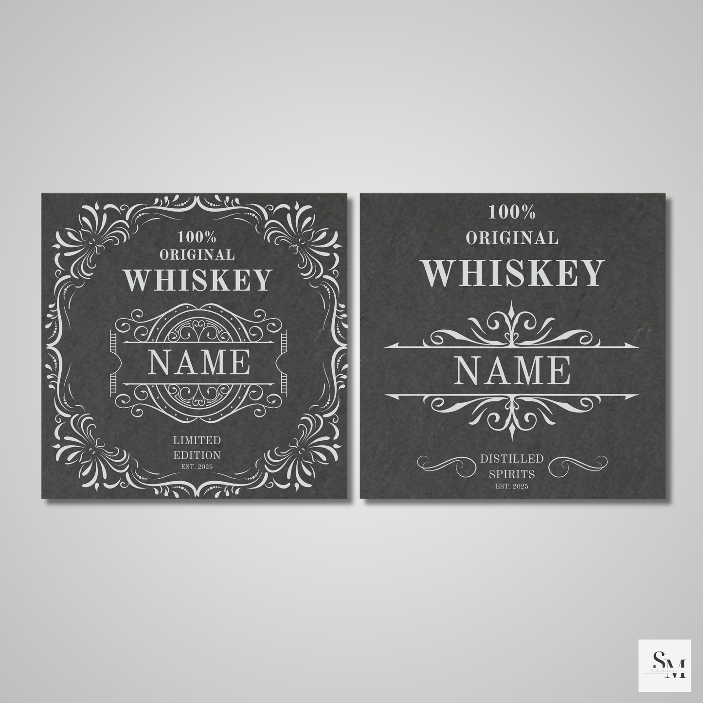 Personalisierbare Schiefer Untersetzer mit Whiskey-Motiven | Geschenke für Whiskey-Liebhaber | Perfekt für Bar, Zuhause & Büro | 2er Set