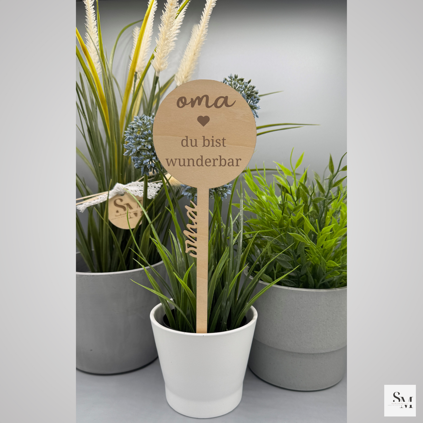Blumenstecker Holz | Deko für Blumenstrauß & Topfpflanze | Geschenkstecker | Geschenk für Mama u Oma zum Muttertag | Dekostecker | Wunderbar
