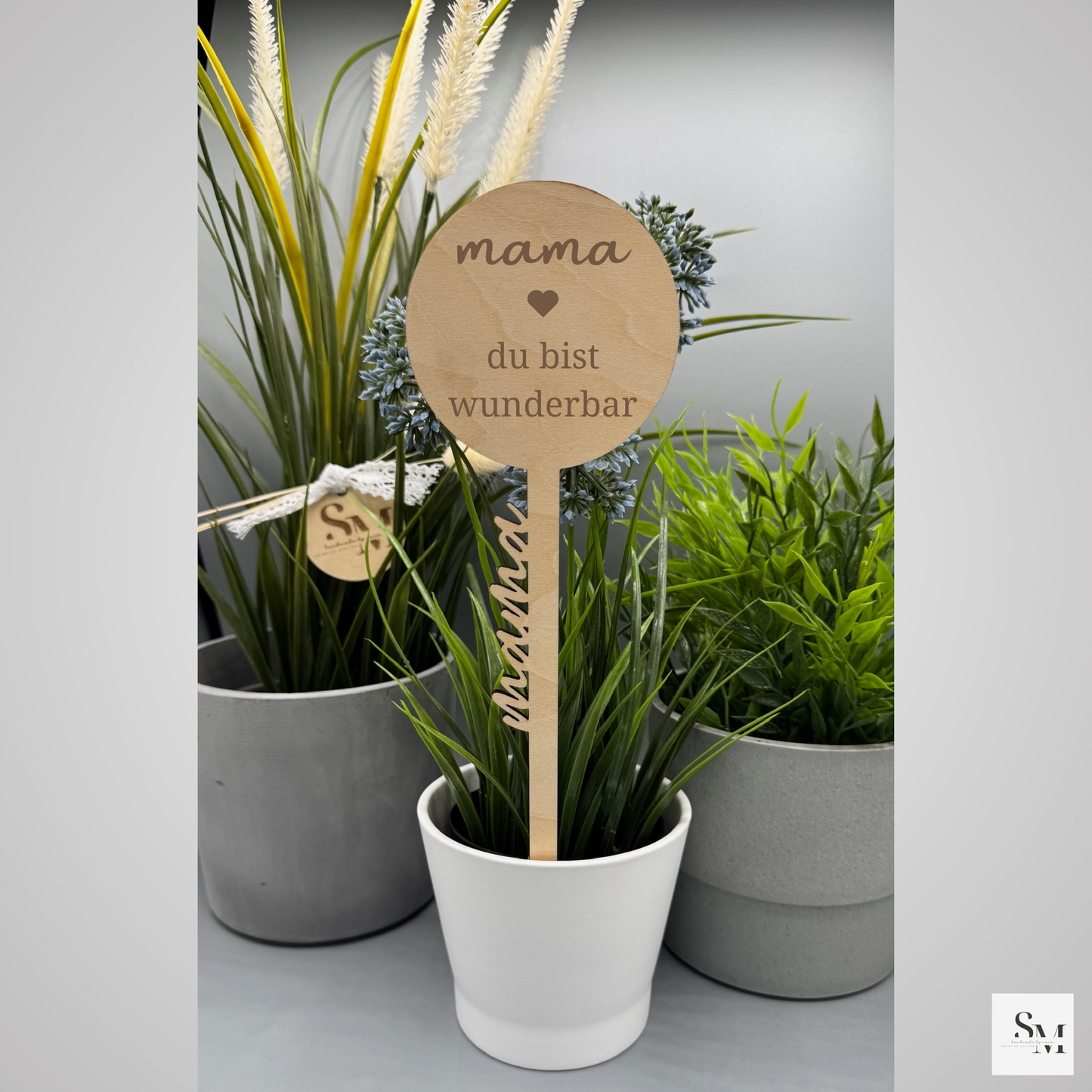 Blumenstecker Holz | Deko für Blumenstrauß & Topfpflanze | Geschenkstecker | Geschenk für Mama u Oma zum Muttertag | Dekostecker | Wunderbar