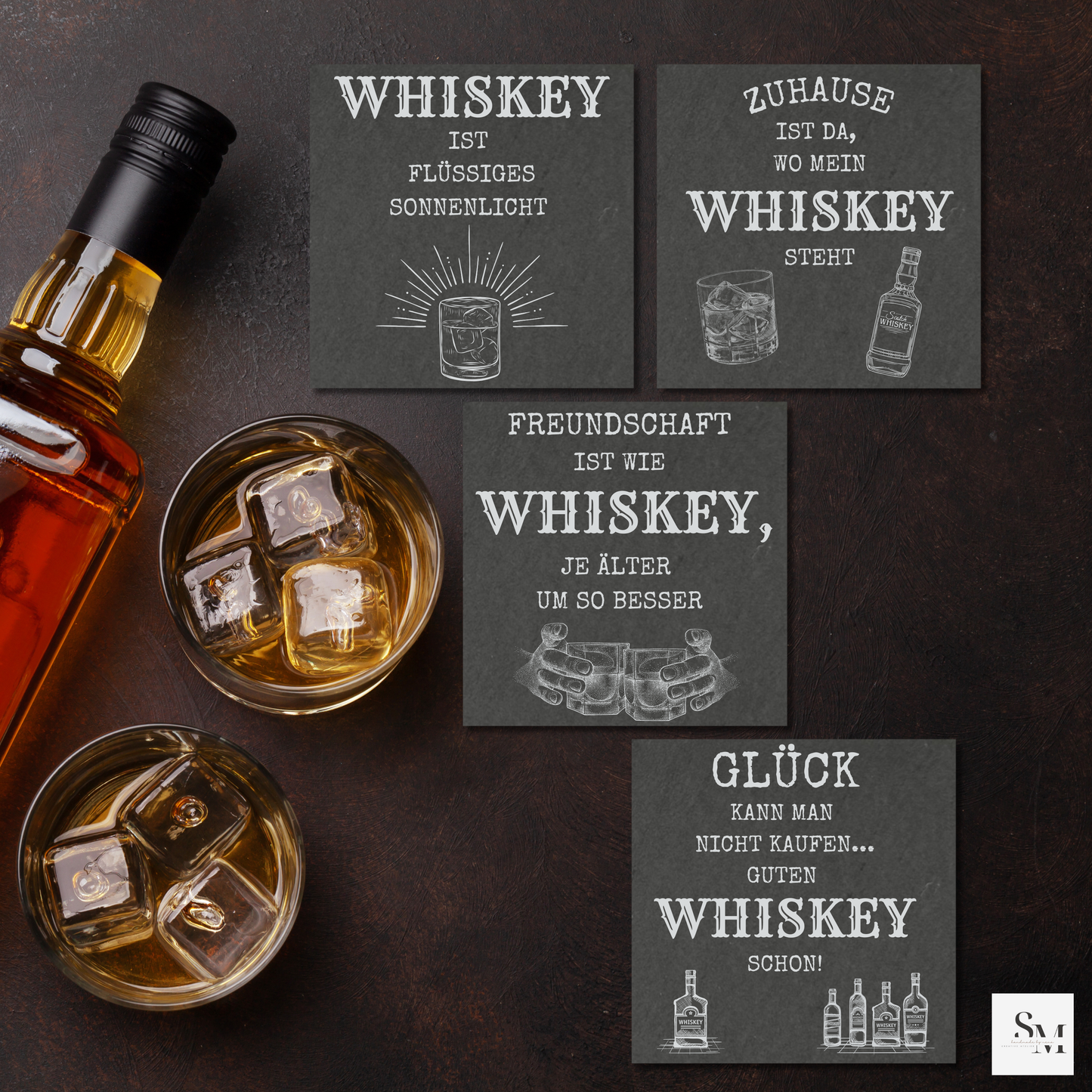 Schiefer Untersetzer mit Whiskey-Motiven und Sprüchen | Schönes Geschenke für Whiskey-Liebhaber | Perfekt für Bar, Zuhause & Büro | 4er Set