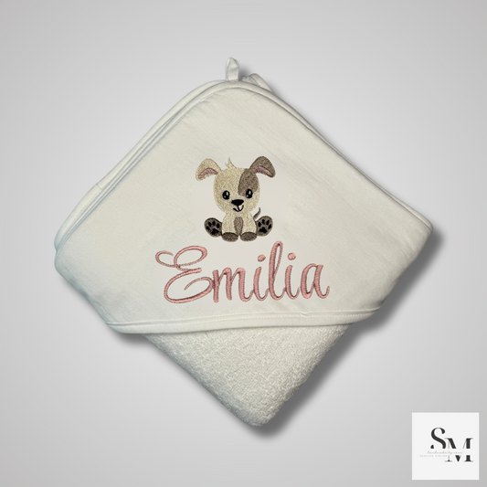 Besticktes Baby Handtuch mit Hund | Personalisiertes Kapuzenhandtuch | Geschenk zur Geburt & Taufe | Babyparty | Stickerei im Stil Emilia