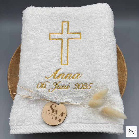 Taufhandtuch bestickt mit einfachem Kreuz | personalisiertes Handtuch zur Taufe, Geschenk für Mädchen & Jungen, christliche Erinnerung
