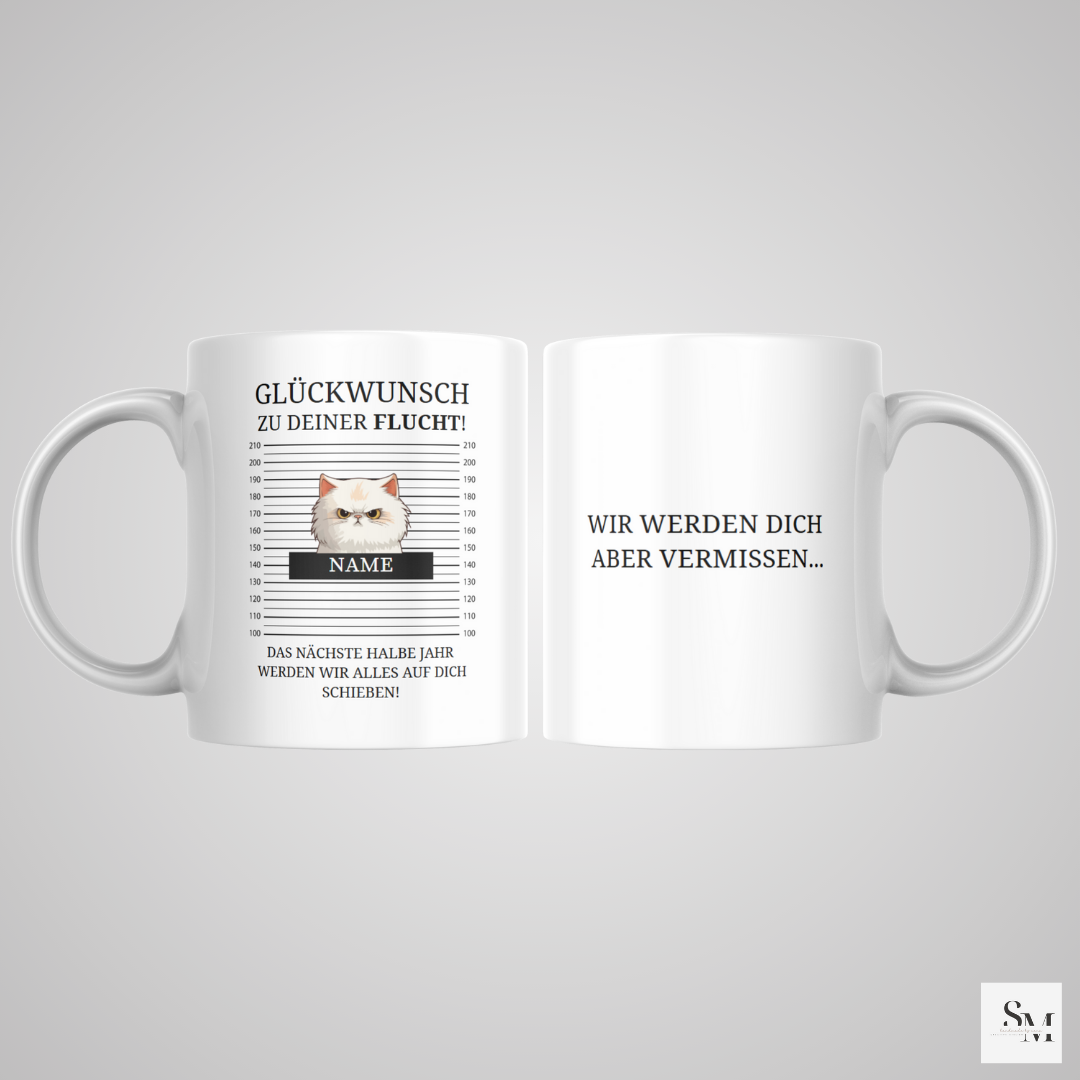 Personalisierte Tasse | Geschenk zum Abschied für Kollegen | Katze Weiß | Abschiedsgeschenk | Verabschiedung | Ruhestand | Arbeitskollege