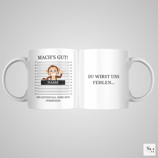 Personalisierte Tasse | Geschenk zum Abschied für Kollegen | Winke Affe | Abschiedsgeschenk | Verabschiedung | Ruhestand | Arbeitskollege