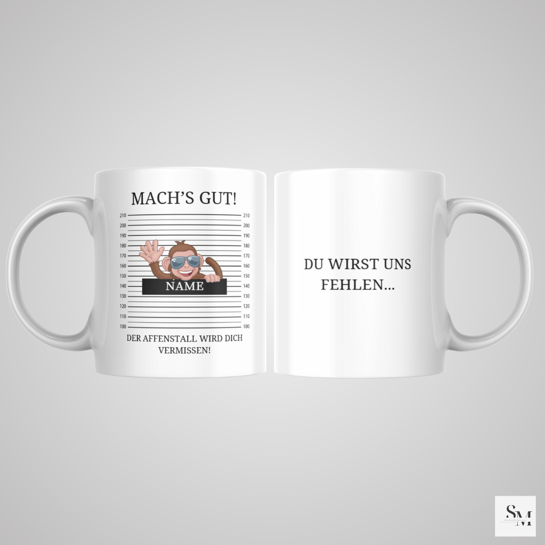 Personalisierte Tasse | Geschenk zum Abschied für Kollegen | Affe Brille | Abschiedsgeschenk | Verabschiedung | Ruhestand | Arbeitskollege