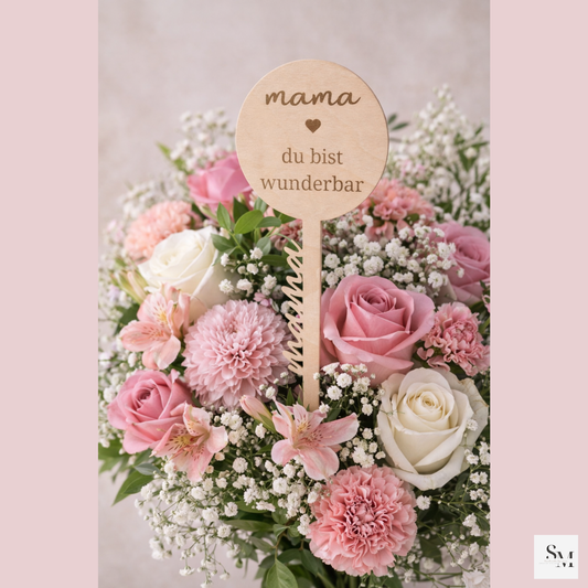 Blumenstecker Holz | Deko für Blumenstrauß & Topfpflanze | Geschenkstecker | Geschenk für Mama u Oma zum Muttertag | Dekostecker | Wunderbar