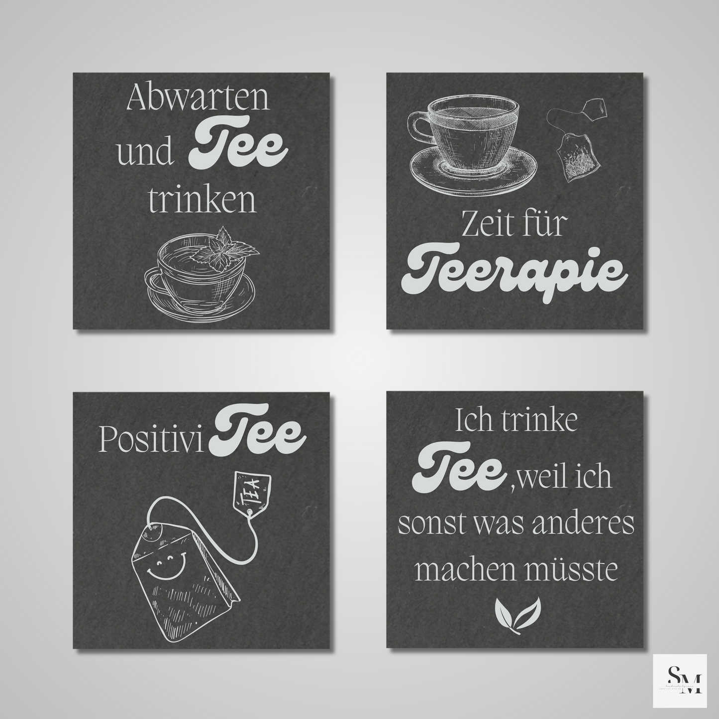 Schiefer Untersetzer mit Teemotiven und Sprüchen | Rustikale Geschenke für Teeliebhaber | Perfekt für Zuhause, Büro & Café | 4er Set