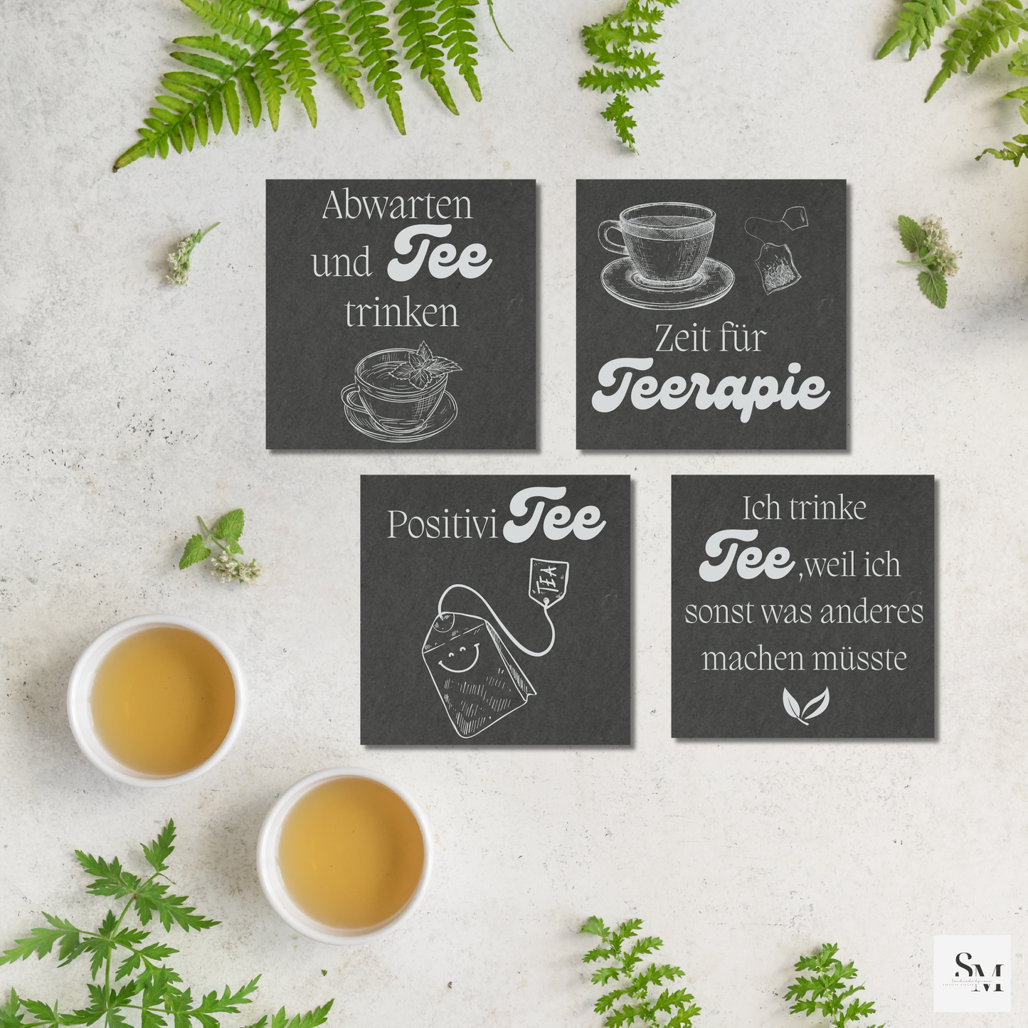 Schiefer Untersetzer mit Teemotiven und Sprüchen | Rustikale Geschenke für Teeliebhaber | Perfekt für Zuhause, Büro & Café | 4er Set