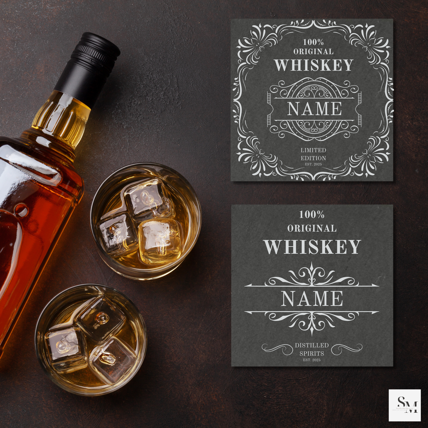 Personalisierbare Schiefer Untersetzer mit Whiskey-Motiven | Geschenke für Whiskey-Liebhaber | Perfekt für Bar, Zuhause & Büro | 2er Set