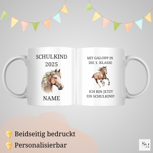 Personalisierte Tasse Einschulung 2025 - Pferd | Geschenk Schulkind | Junge | Mädchen | Keramiktasse Schultüte | Einschulungsgeschenk