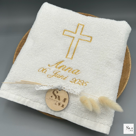 Taufhandtuch bestickt mit einfachem Kreuz | personalisiertes Handtuch zur Taufe, Geschenk für Mädchen & Jungen, christliche Erinnerung