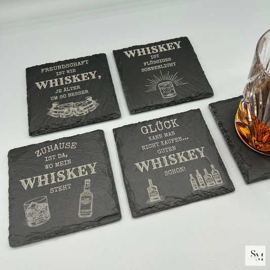 Schiefer Untersetzer mit Whiskey-Motiven und Sprüchen | Schönes Geschenke für Whiskey-Liebhaber | Perfekt für Bar, Zuhause & Büro | 4er Set