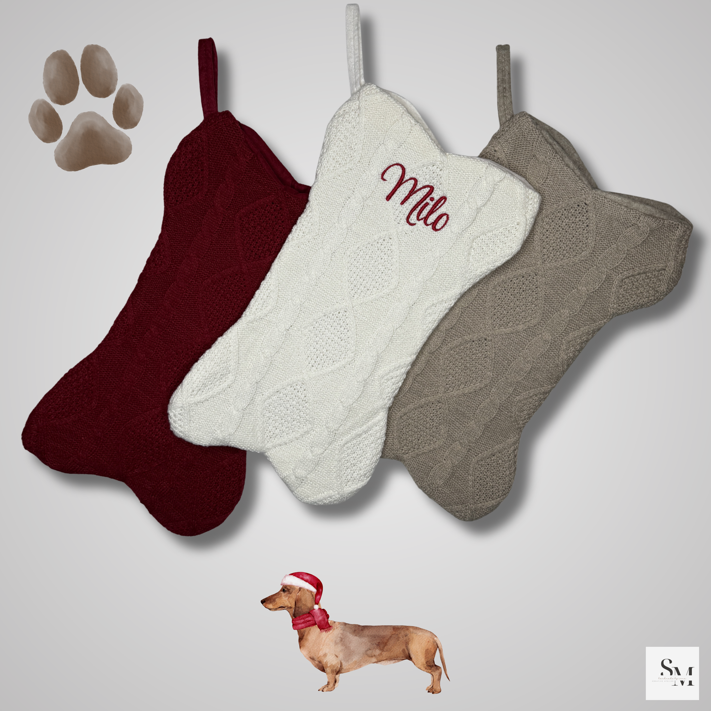 Personalisierte Knochen Weihnachtsstrümpfe | Gestickte Hundeknochen Strümpfe mit Name | Knochenförmige Hundesocken für Hunde | Weihnachten
