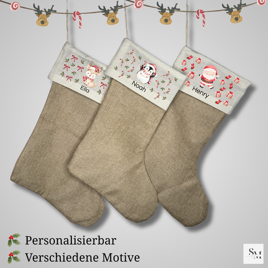 Personalisierte Nikolaussocke aus Jute | Weihnachtsstrumpf mit Namen | Nikolausstiefel zum Befüllen | Weihnachtsgeschenk Kinder | Motive