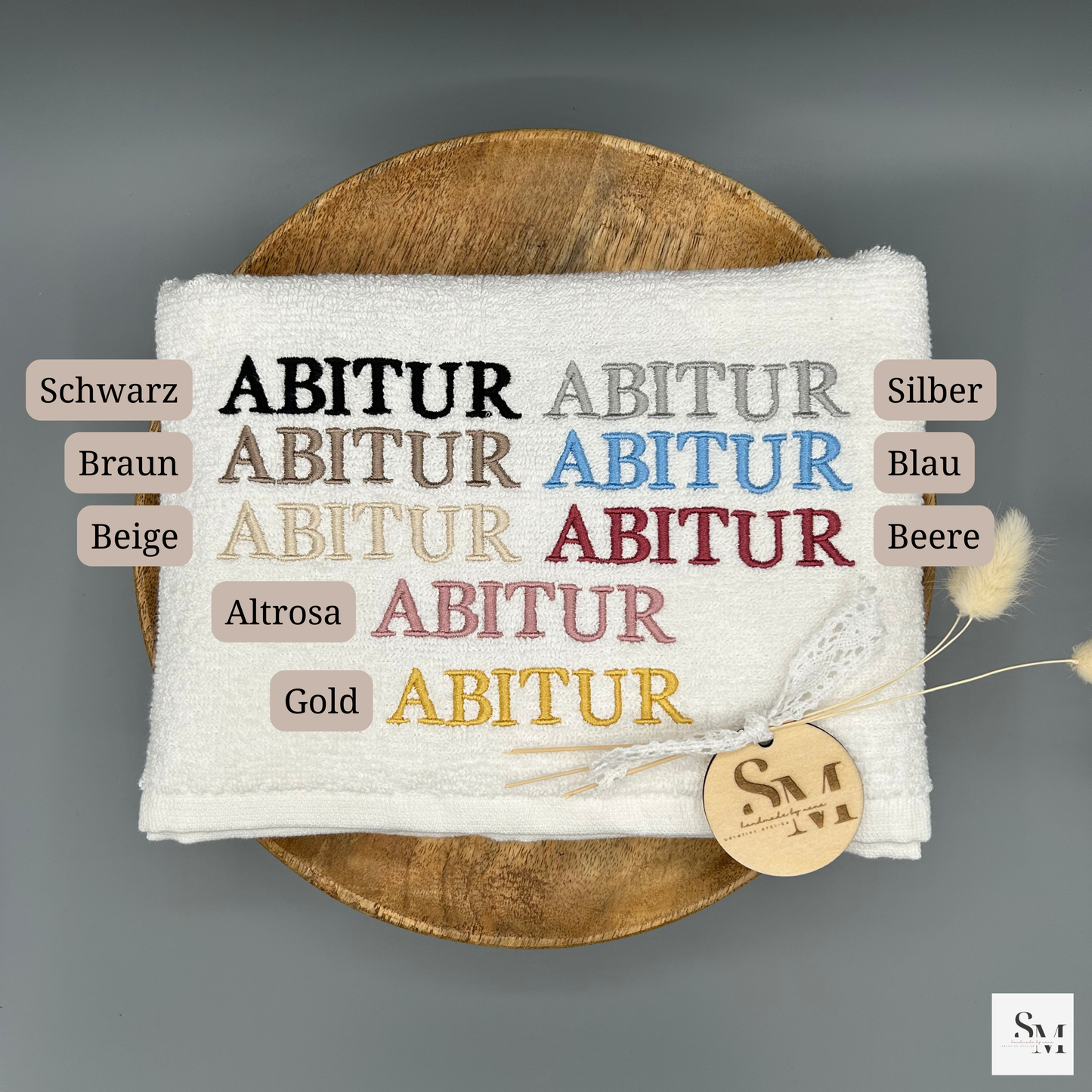 Abiturhandtuch bestickt mit Graduation Hut | personalisiertes Handtuch Abitur 2026 mit Name Geschenk Mädchen Junge Erinnerung Schulabschluss