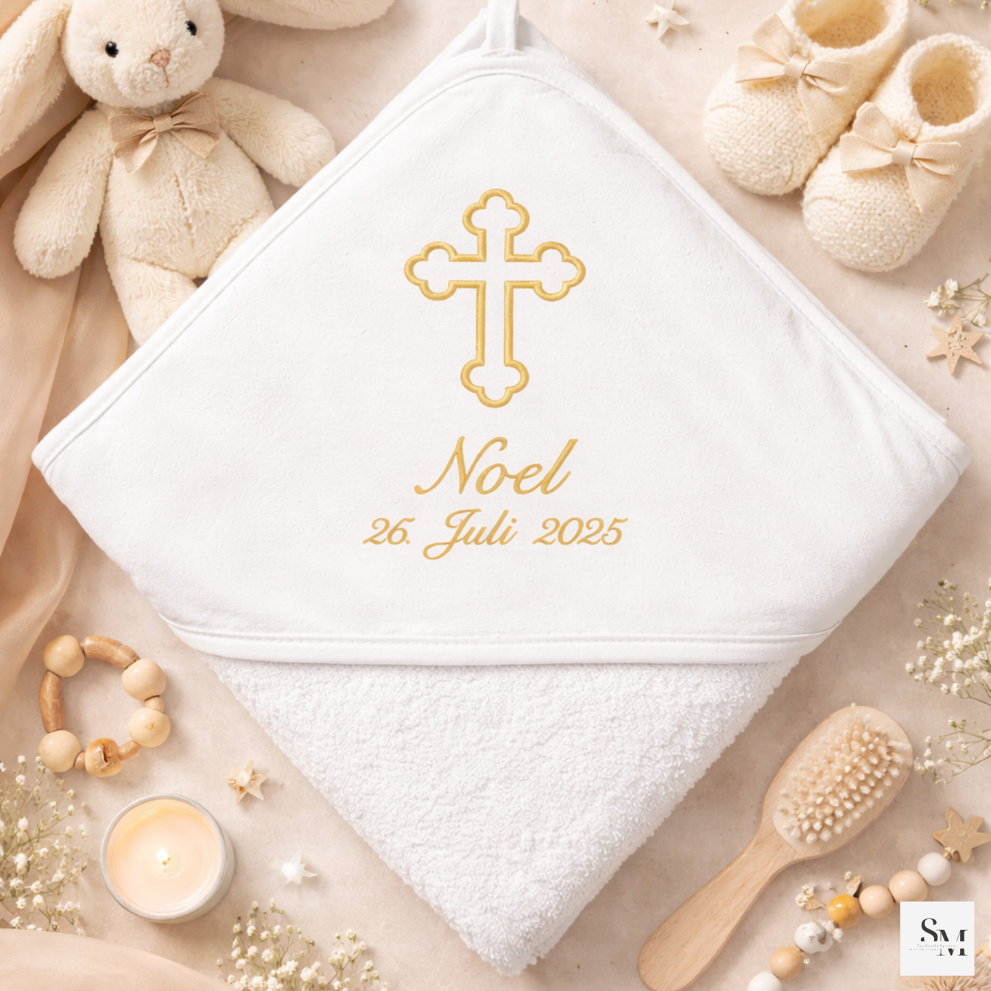Taufhandtuch bestickt mit Kreuz | personalisiertes Kapuzenhandtuch zur Taufe, Geschenk Taufe Mädchen & Junge christliche Tauferinnerung Baby