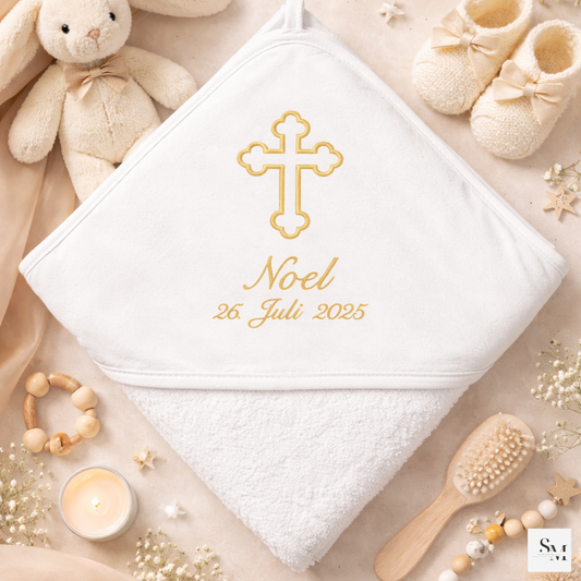 Taufhandtuch bestickt mit Kreuz | personalisiertes Kapuzenhandtuch zur Taufe, Geschenk Taufe Mädchen & Junge christliche Tauferinnerung Baby