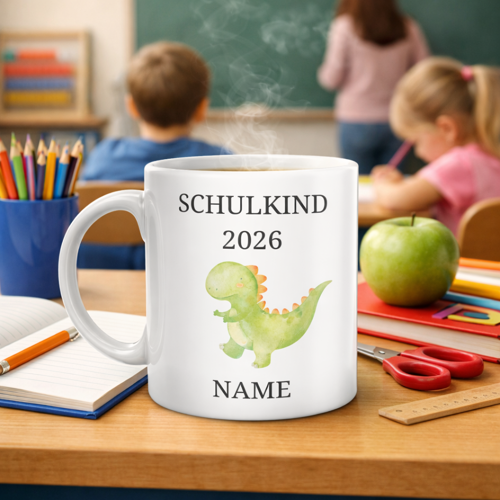 Personalisierte Tasse Einschulung 2026 - Dino | Geschenk Schulkind | Junge | Mädchen | Keramiktasse Schultüte | Einschulungsgeschenk