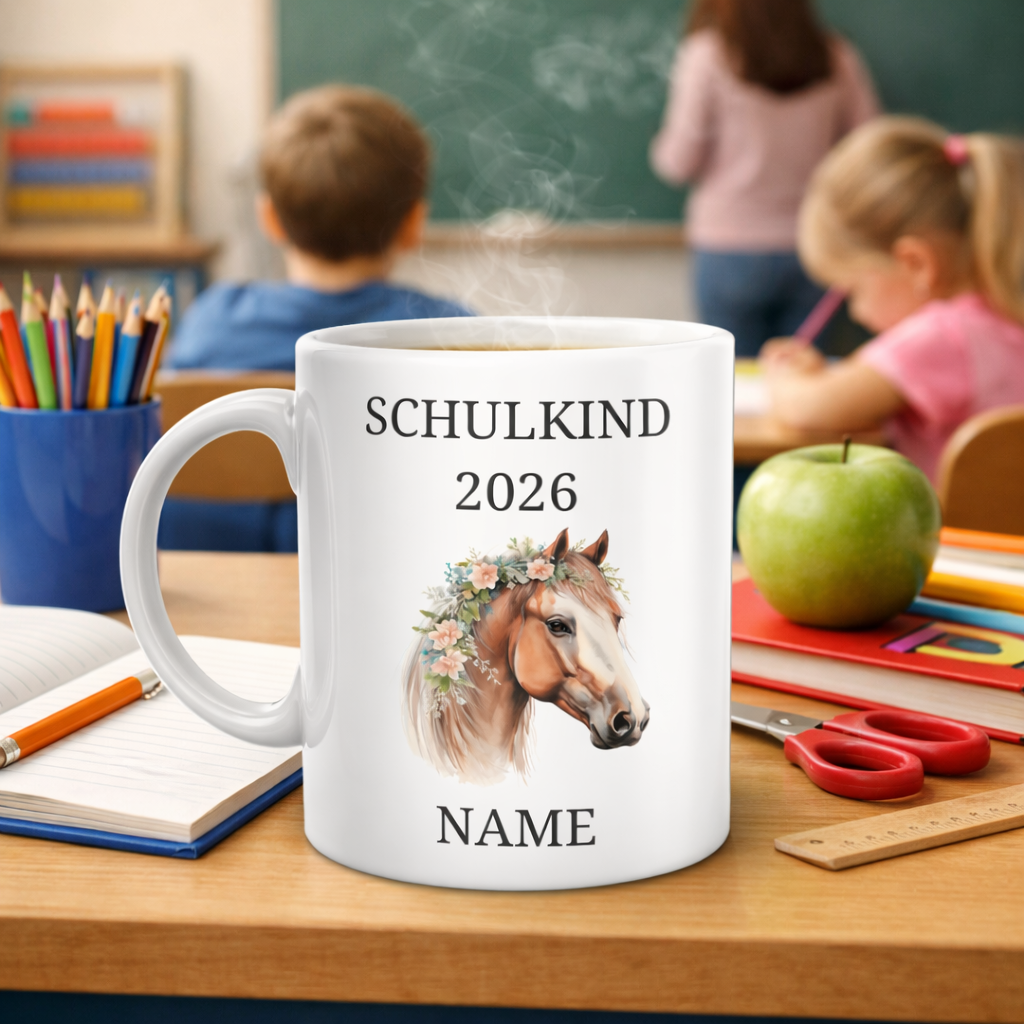 Personalisierte Tasse Einschulung 2026 - Pferd | Geschenk Schulkind | Junge | Mädchen | Keramiktasse Schultüte | Einschulungsgeschenk