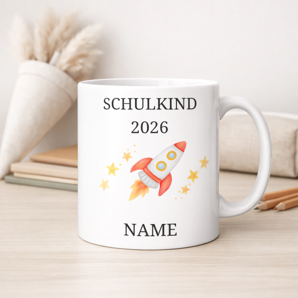 Personalisierte Tasse Einschulung 2026 - Weltraum | Geschenk Schulkind | Junge | Mädchen | Keramiktasse Schultüte | Einschulungsgeschenk