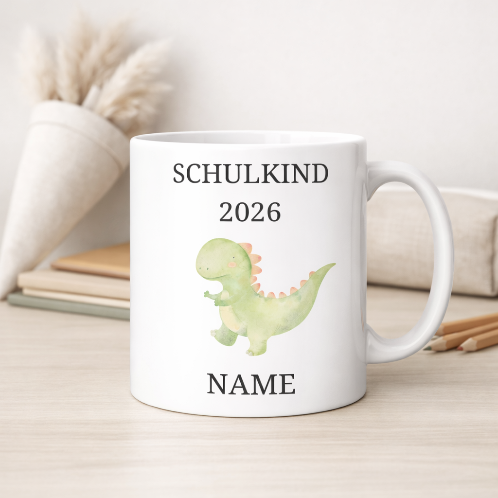 Personalisierte Tasse Einschulung 2026 - Dino | Geschenk Schulkind | Junge | Mädchen | Keramiktasse Schultüte | Einschulungsgeschenk