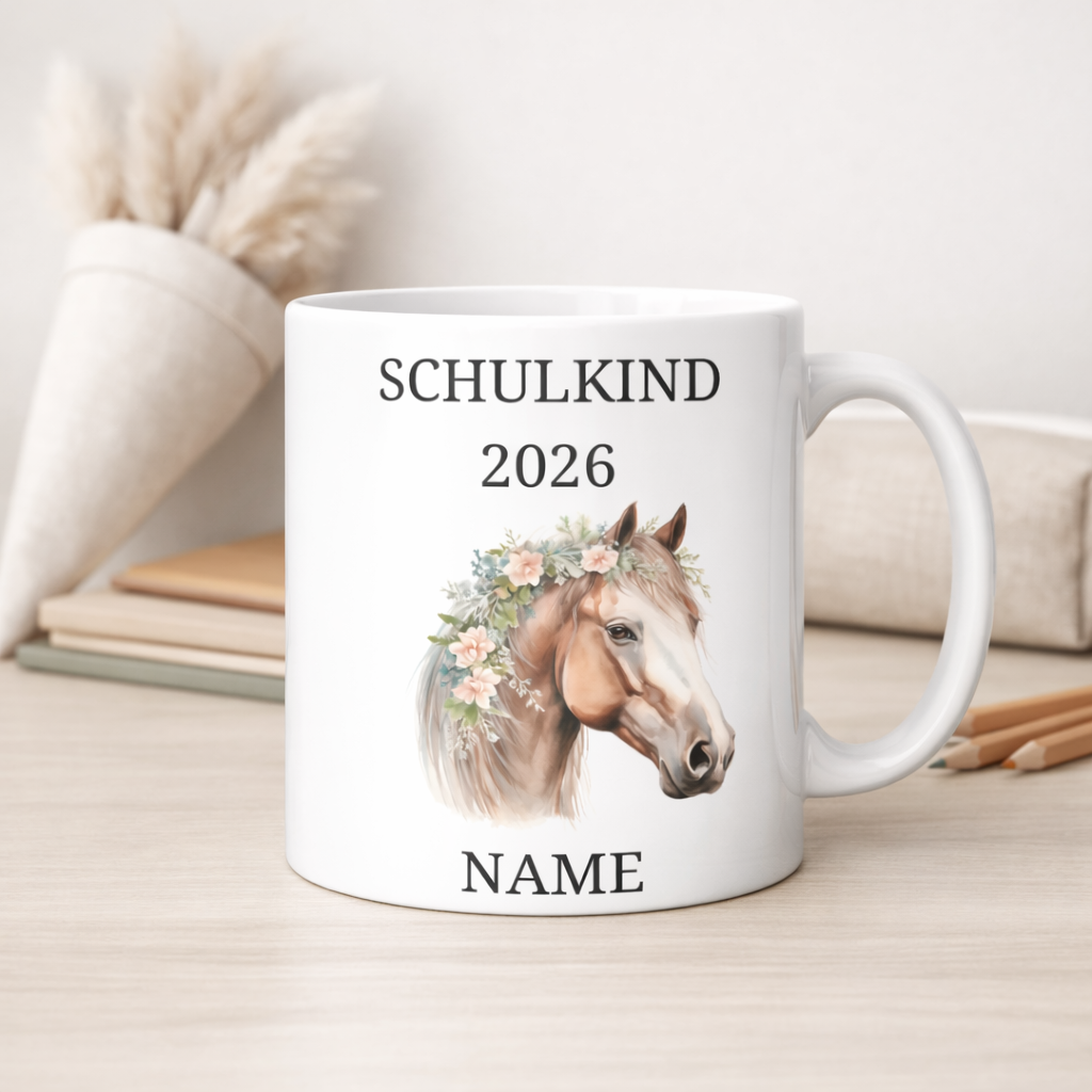 Personalisierte Tasse Einschulung 2026 - Pferd | Geschenk Schulkind | Junge | Mädchen | Keramiktasse Schultüte | Einschulungsgeschenk