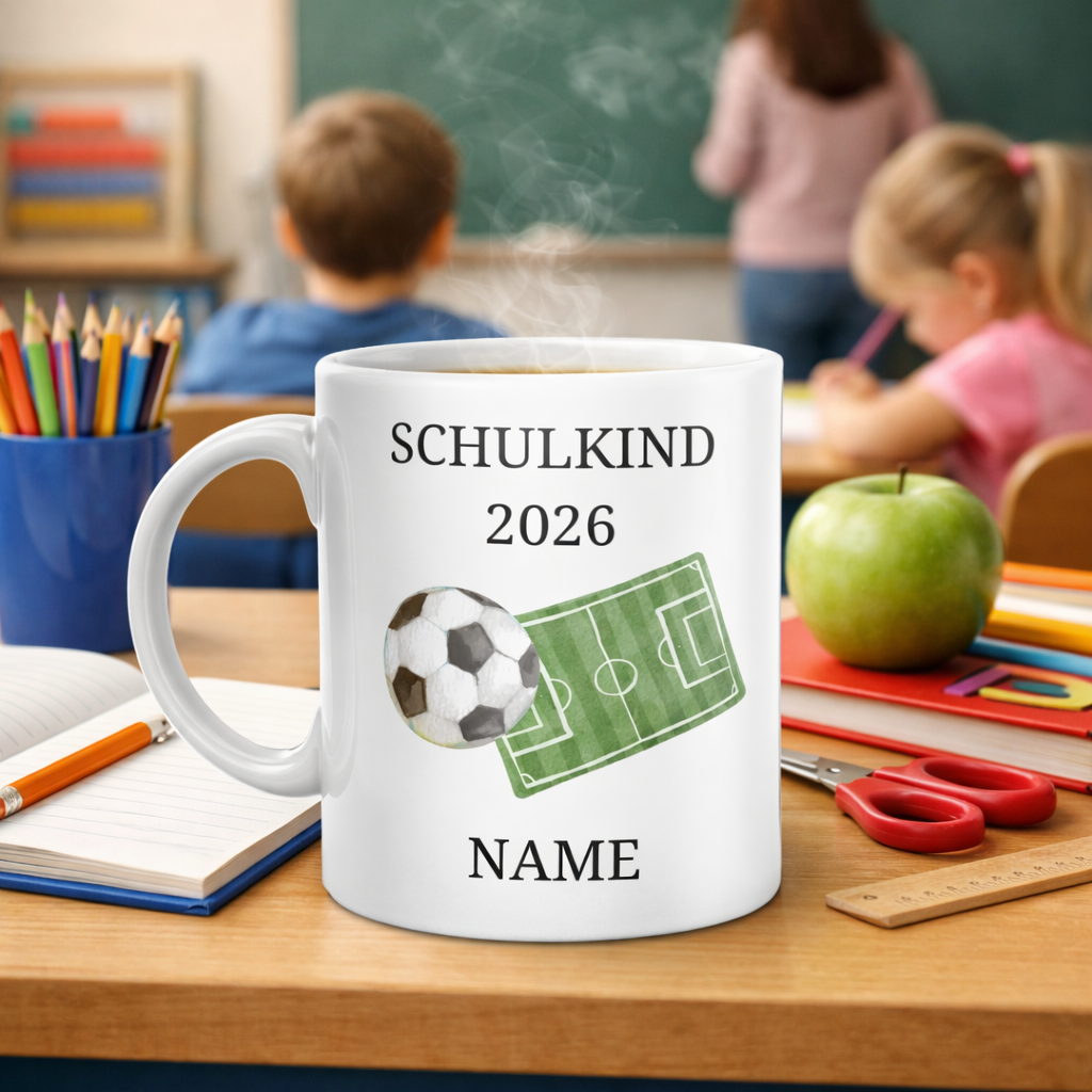 Personalisierte Tasse Einschulung 2026 - Fußball | Geschenk Schulkind | Junge | Mädchen | Keramiktasse Schultüte | Einschulungsgeschenk