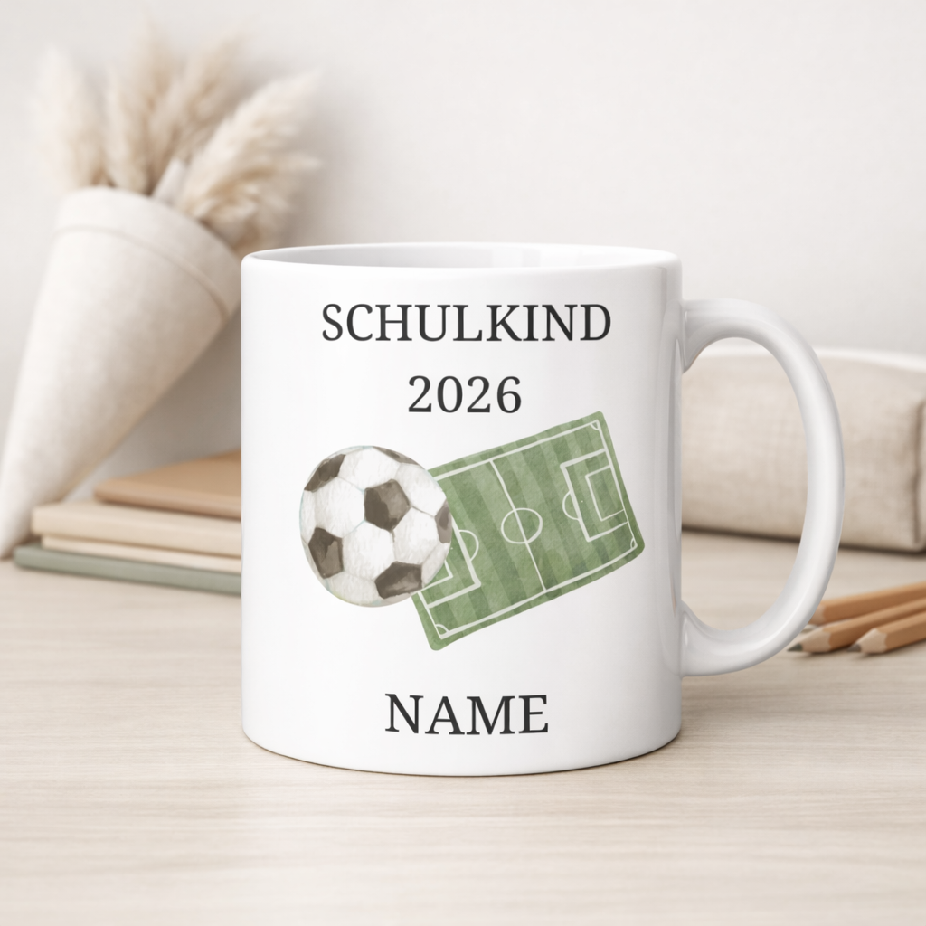 Personalisierte Tasse Einschulung 2026 - Fußball | Geschenk Schulkind | Junge | Mädchen | Keramiktasse Schultüte | Einschulungsgeschenk