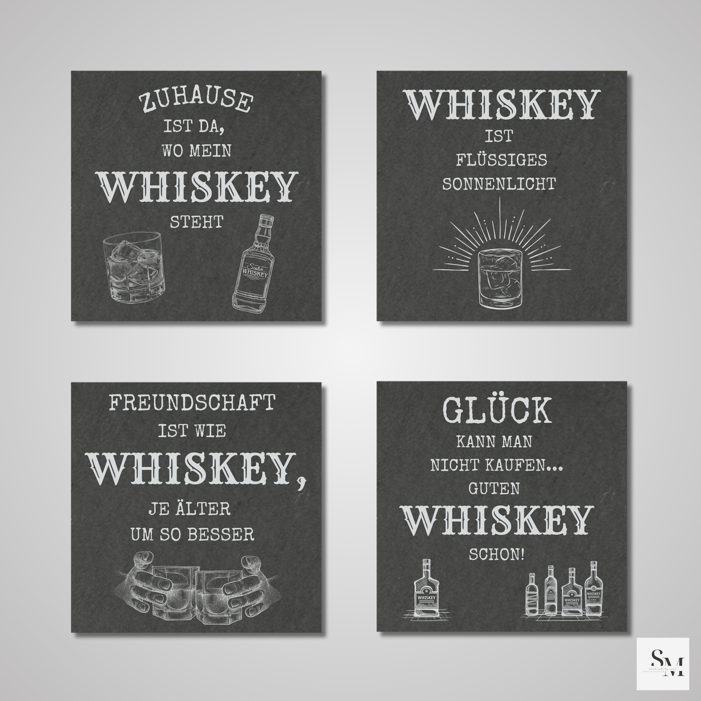 Schiefer Untersetzer mit Whiskey-Motiven und Sprüchen | Schönes Geschenke für Whiskey-Liebhaber | Perfekt für Bar, Zuhause & Büro | 4er Set